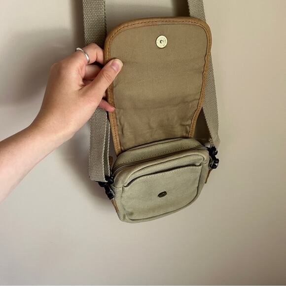 Vintage L.L. Bean Khaki Canvas Leather Small Messenger Crossbody Bag Purse 6x6” - Picture 6 of 12